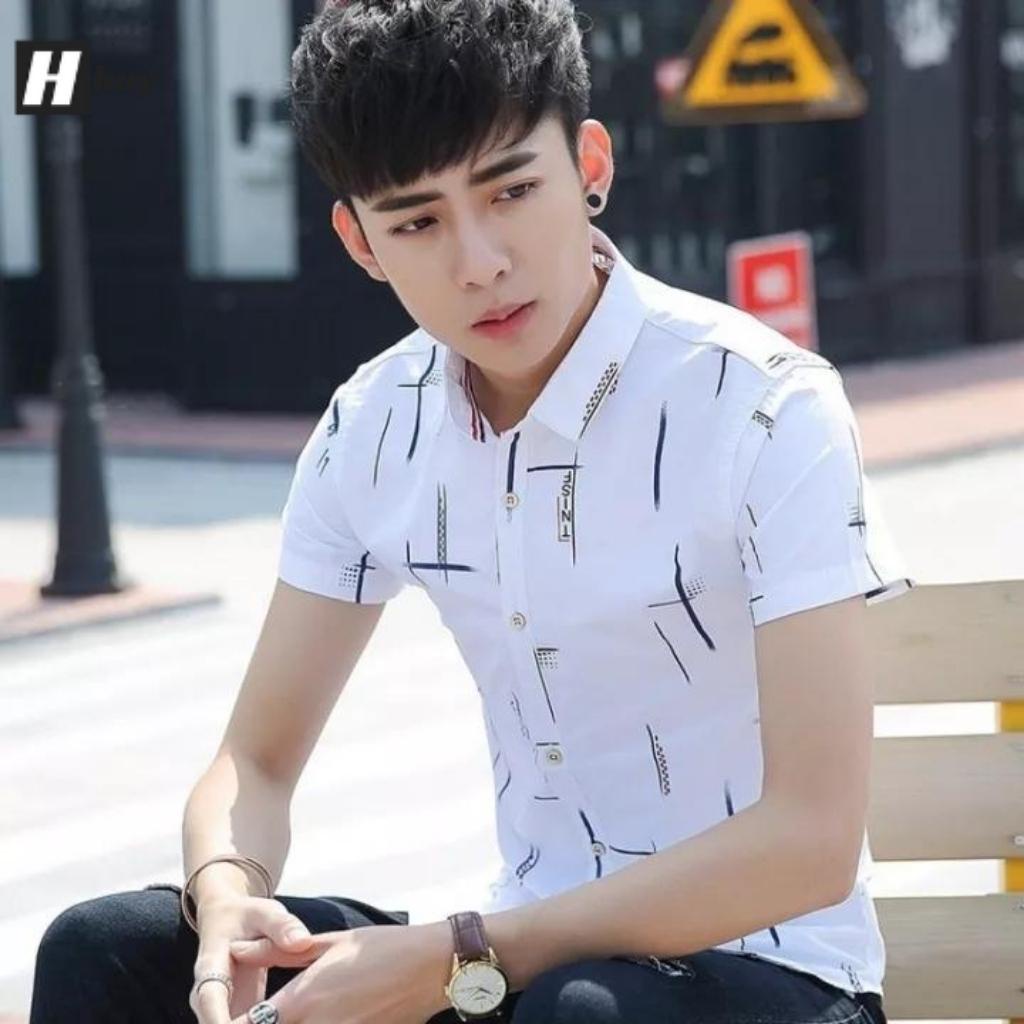 Áo Sơ Mi Nam Ngắn Tay Hàn Quốc Phối Họa Tiết Chất Vải Kate Mềm Mịn Không Nhăn, Không Phai Màu- Màu Trắng
