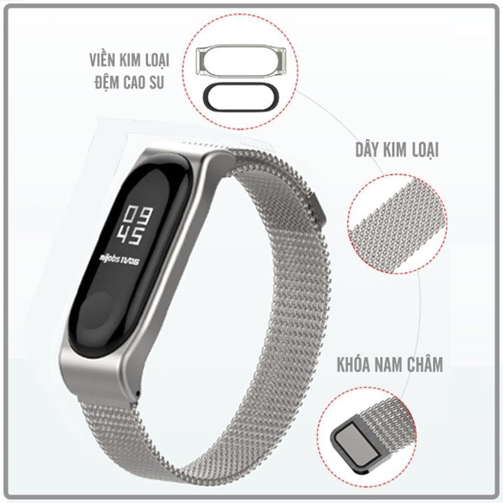 Các loại dây thay thế kim loại nhiễn cho Xiaomi Miband 3 - 4 Khóa bấm / Nam châm / TF