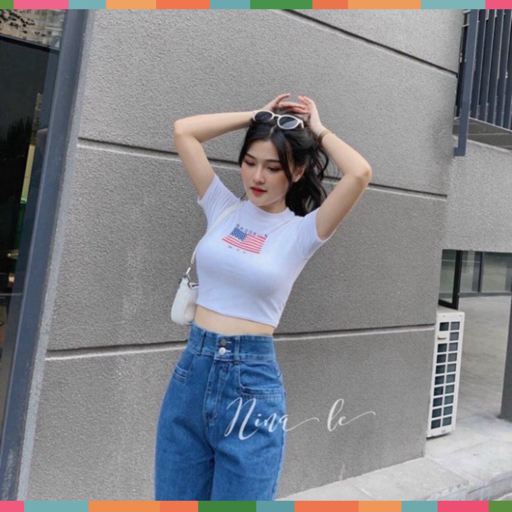 Áo Croptop Nữ Cộc Tay In Họa Tiết Cờ 3 Màu Siêu Xinh