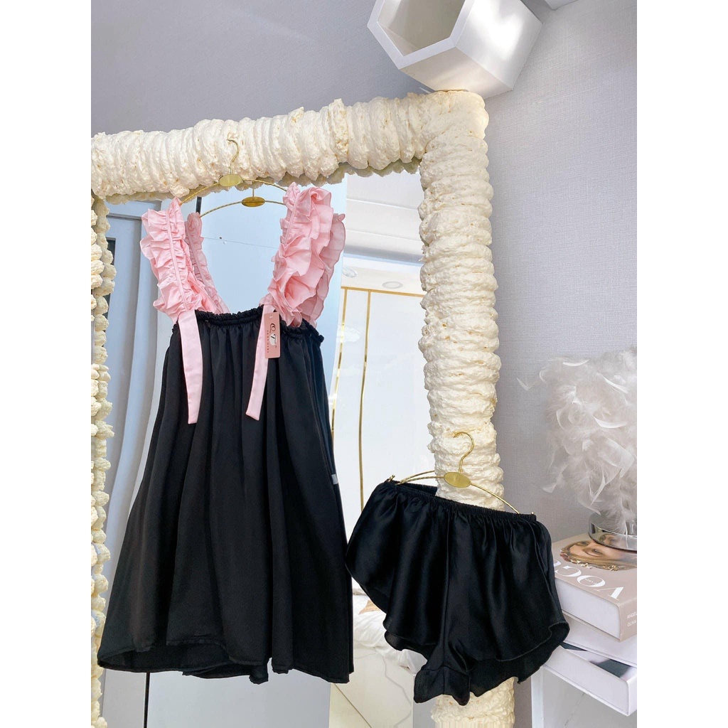 Đầm Ngủ 2 Dây Nhún Bèo Bigsize Lụa Lantin tặng kèm quần đùi