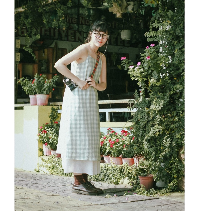 Váy 2 Dây Kẻ Caro Xanh Đậu Xô Muslin Kèm Chân Váy Dài Vui Đông Xuân/ Tết Nhẹ Nhàng
