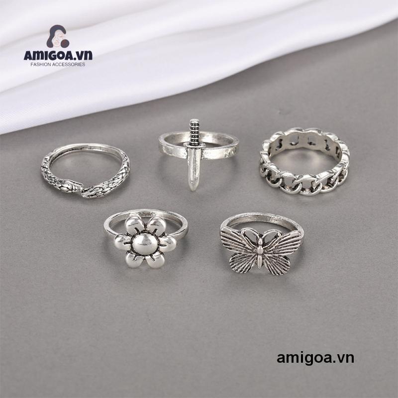 【amigoa.vn】 Set 5 Nhẫn Hình Rắn/Bướm/Cá Sấu Retro Đơn Giản Sáng Tạo Cho Nữ