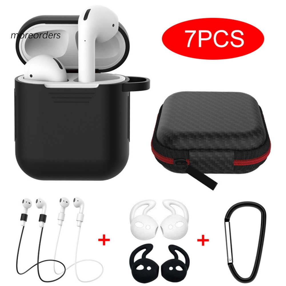 Bộ 7 món vỏ nhựa bọc hộp đựng tai nghe Bluetooth+nút nhựa bọc êm ái+cáp gắn dây+khoen chống mất cho Airpods