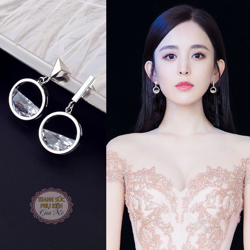 Bông tai thời trang cách điệu, vòng tròn đá HT161 bạc ý S925