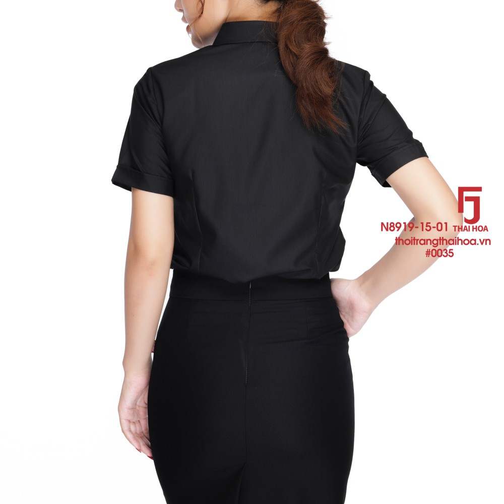 Áo sơ mi nữ công sở đen ngắn tay cao cấp kiểu bigsize sợi tre Thái Hoà N8919-15-01