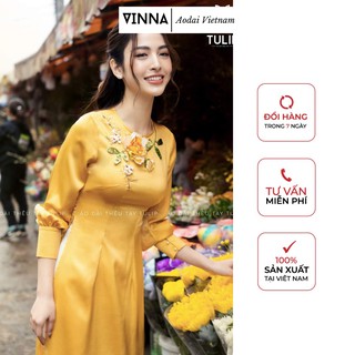 Áo dài truyền thống lụa ngọc trai kết hoa phối tay sơ mi cách điệu màu vàng áo dài thiết kế đẹp có ảnh thật VINNA