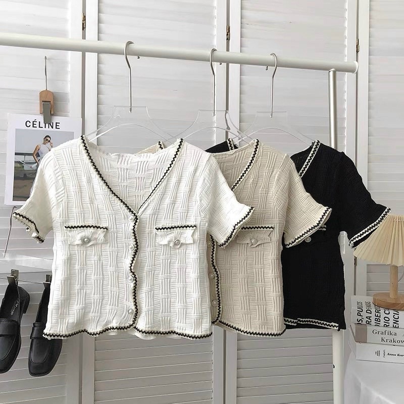 Áo len viền zic zac khuy ngọc, nắp túi, cadigan