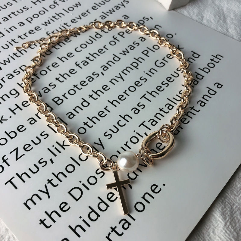 Vòng cổ chuỗi xích mặt chữ thập đính ngọc trai phong cách Hàn Quốc Nhật Bản 22374