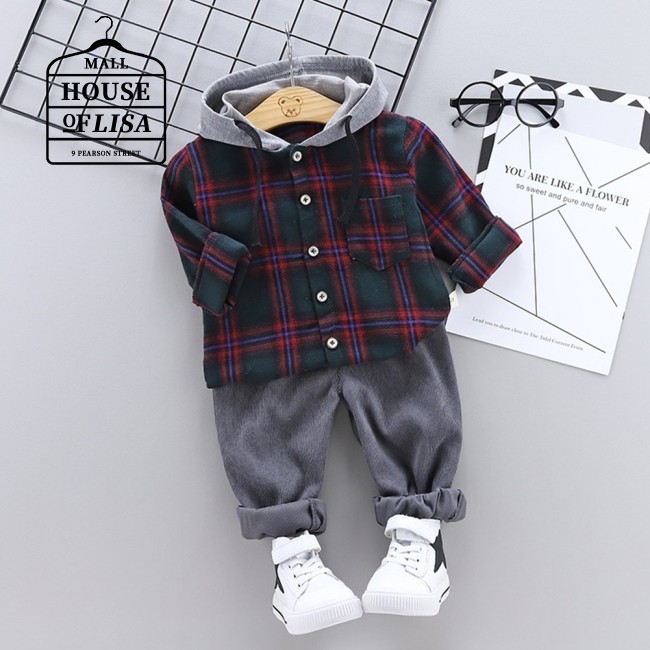 boy outfit clothing set boy clothing Boys Outfits Long Sleeves Plaid Hoodie+Solid Color Pants Leisure Clothing Suits 