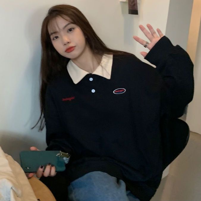 Áo Sweater Cổ Polo Dáng Rộng Thời Trang Mùa Đông Hàn Quốc Dành Cho Nữ