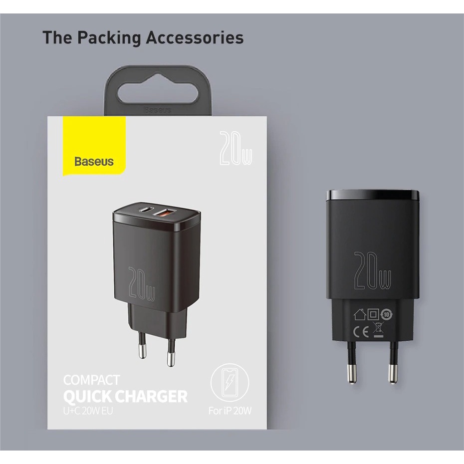 Củ sạc nhanh Baseus 20w 2 cổng sạc typec và usb công nghệ sạc nhanh PD 3.0 và QC 3.0 sạc đầy 50% sau 30 phút chính hãng
