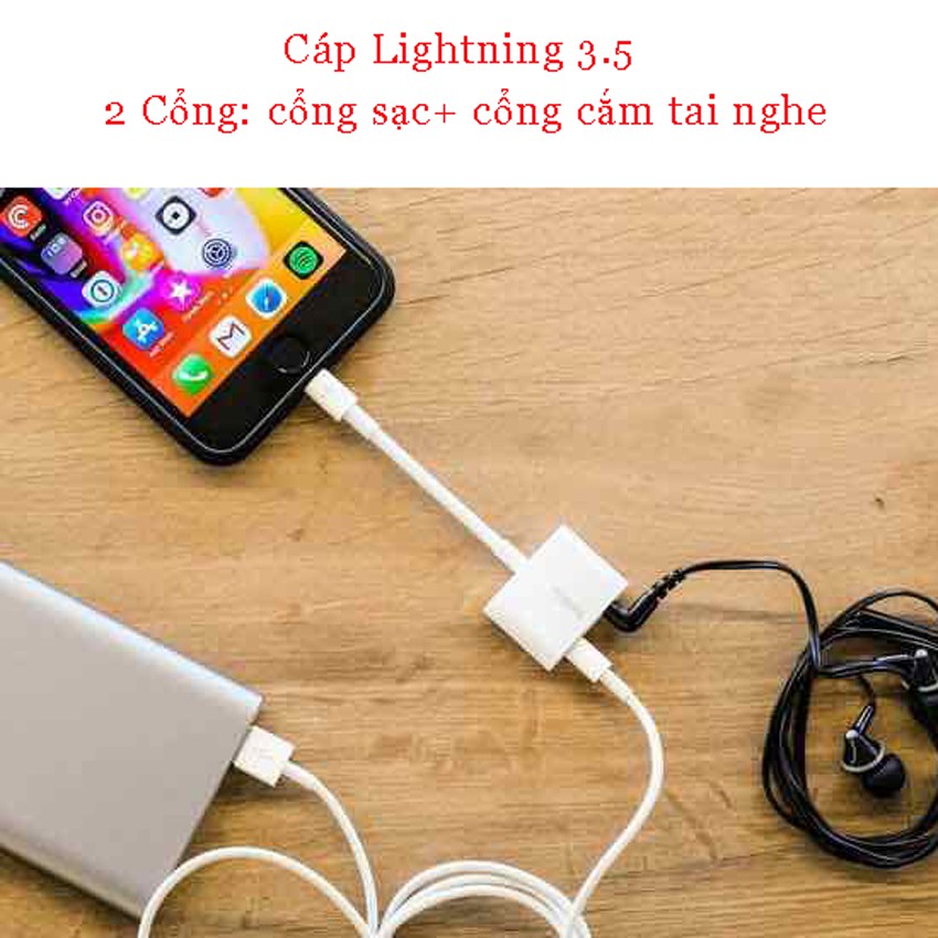 [Bán chạy] Cáp chuyển đổi tai nghe Iphone 2in1 chân Lightning to 3.5 mm, Jack chuyển đổi 2 cổng tai nghe , cắm sạc IP 2c