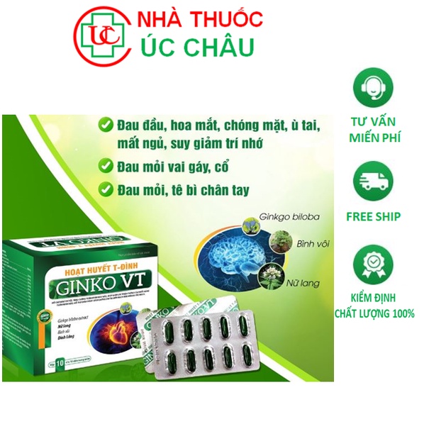 Hoạt huyết T-Đình Ginko VT, Tăng cường tuần hoàn máu não, giảm tai biến mạch máu não, (Hộp 100 viên)