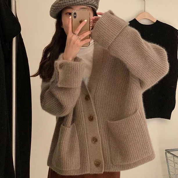 Áo Sweater Dệt Kim Phối Túi Lớn Kiểu Hàn Quốc Dễ Thương Cho Nữ