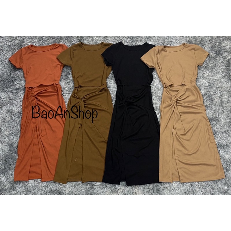Đầm ôm body nữ kiểu hở xoắn eo Sexy tay ngắn chất vải thun gân len 4 chiều FreeSize, Váy Maxi form dài (Bảo An Hot) | BigBuy360 - bigbuy360.vn