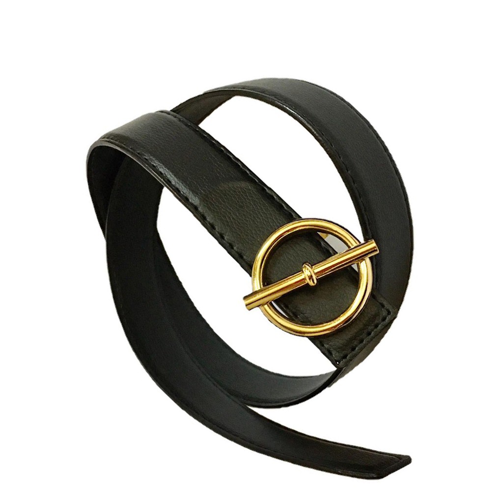 [FREE SHIP 99K] Dây thắt lưng nam chất da cao cấp mặt tròn cực sang MTD02 (mặt vàng,dây đen)