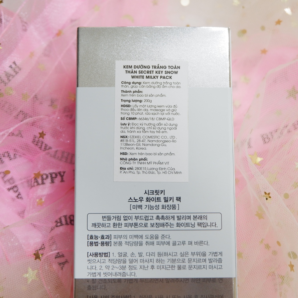 Kem Dưỡng Trắng Da toàn thân Snow white milky pack secret key chính hãng Hàn Quốc 200ml NPP Shoptido
