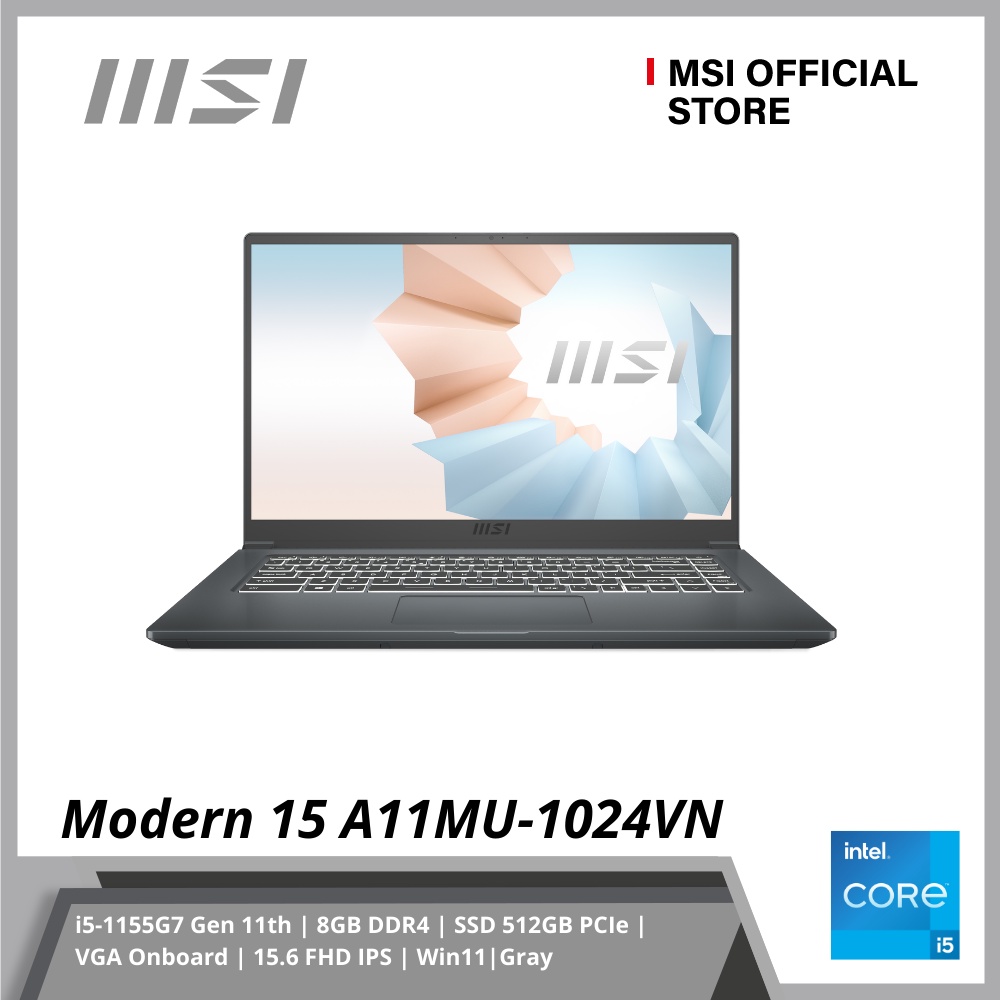 Laptop MSI Modern 15 A11MU-1024VN (i5-1155G7 Gen 11th/8GB DDR4/SSD 512GB PCIe/VGA Onboard/15.6 FHD IPS/Win11/Gray