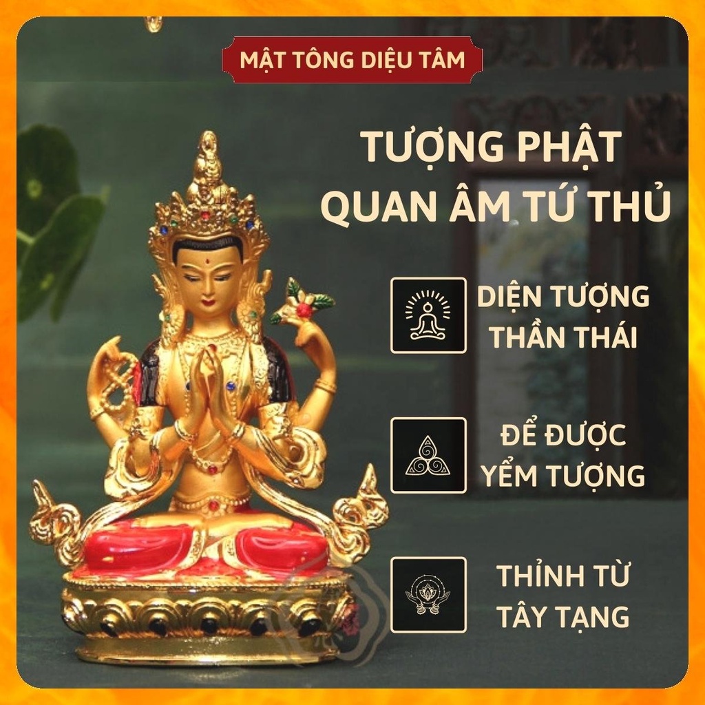 Tượng phật quan âm tứ thủ thờ cúng mật tông , tượng phật để ô tô mẫu QA màu 14,5cmvẽ tay Tây Tạng