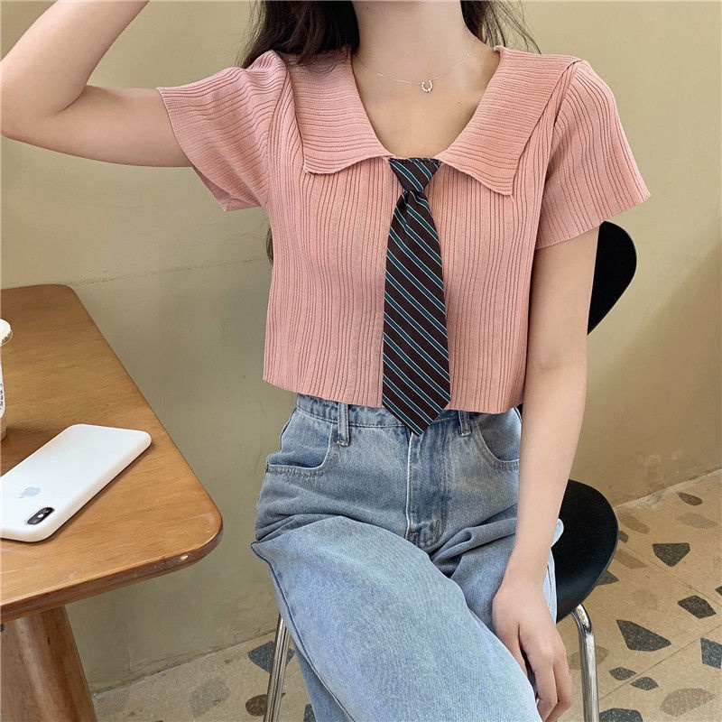 Áo Thun polo Dệt Kim Tay Ngắn Vải Lụa Lạnh Mỏng Phối Cà Vạt Kiểu Retro Thời Trang Mùa Hè Cho Nữ
