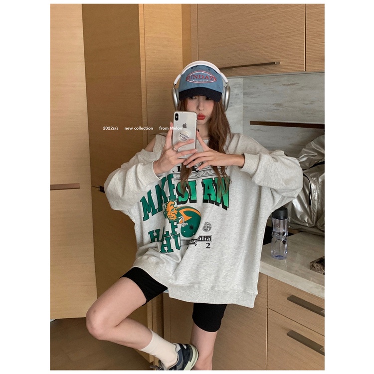 Áo Sweater Cổ Tròn Tay Dài Dáng Rộng In Họa Tiết Kiểu Retro Mỹ Thời Trang Cho Nữ