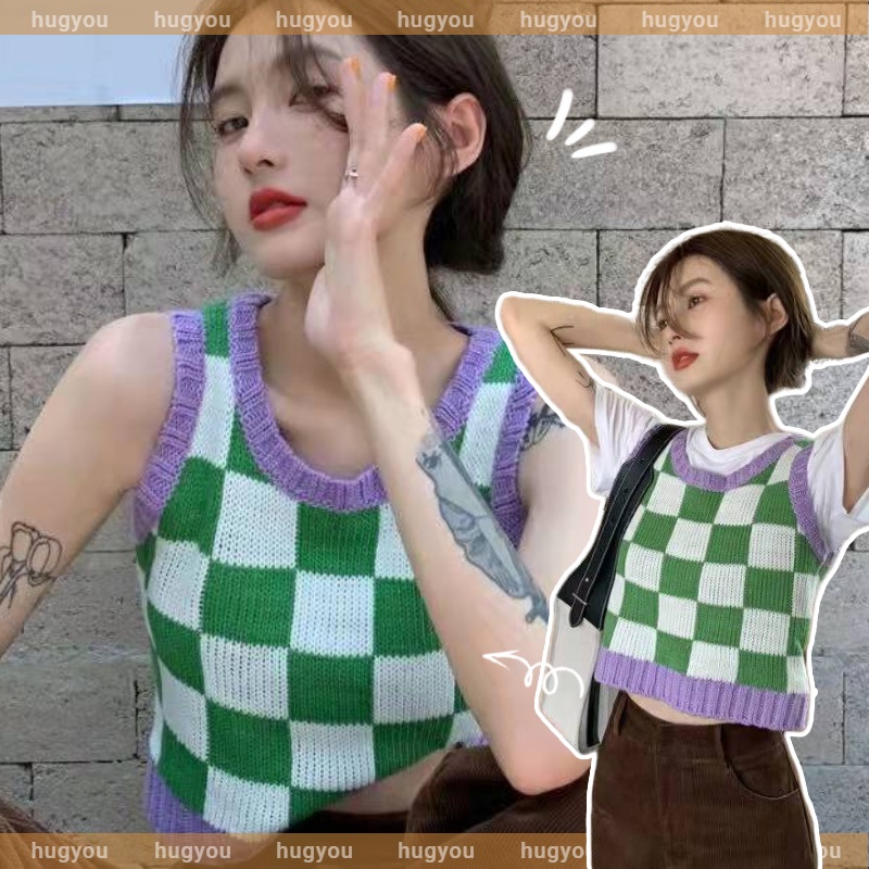 Áo dệt kim không tay họa tiết sọc caro thời trang cho nữ