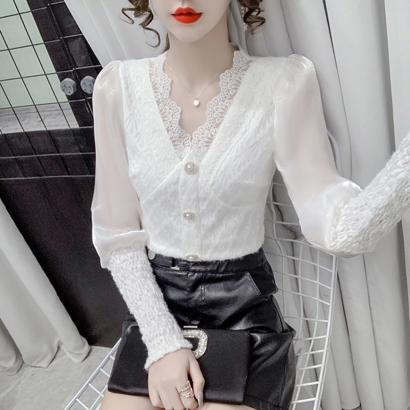 Áo ren cổ chữ V dài tay thời trang mùa thu mới dành cho nữ 2021