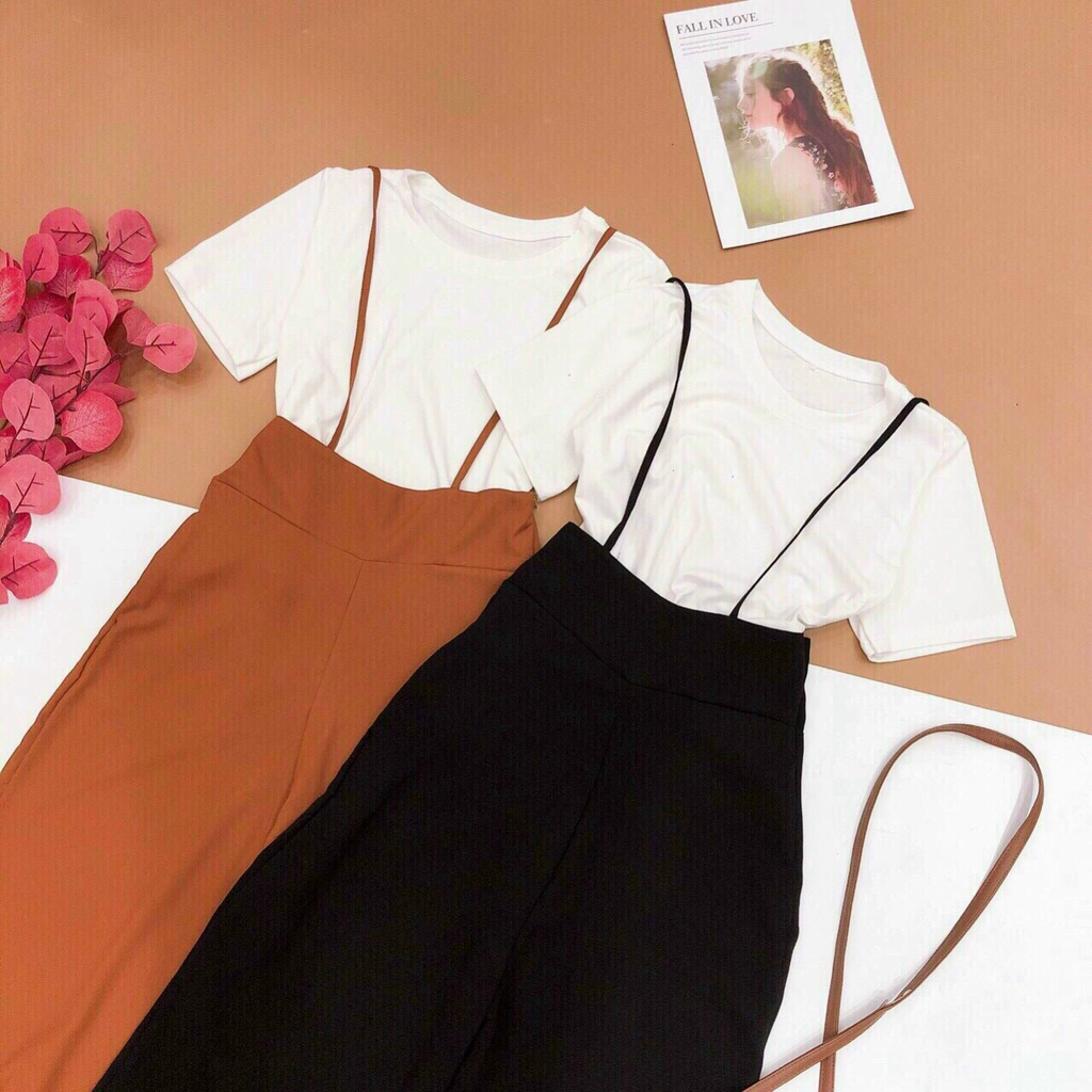 [ Miễn phí ship 2022 ] Set yếm cát hàn ống rộng, yếm 2 dây quần dài kèm áo trắng ulzzang cá tính, trẻ trung