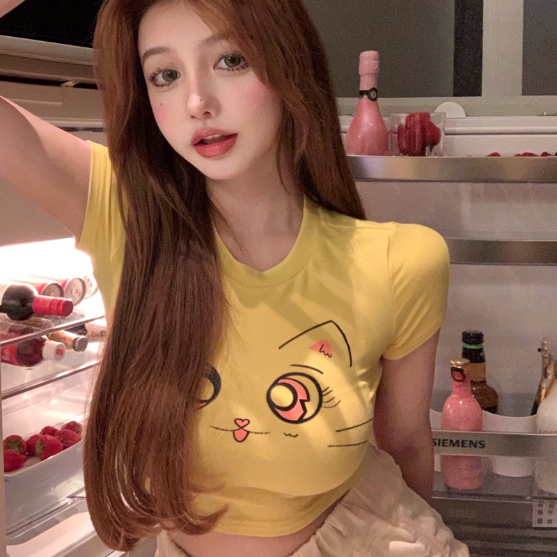 Áo Thun Croptop Tay Ngắn Cổ Tròn In Hoạt Hình Kiểu Hàn Quốc Thời Trang Mùa Hè Năng Động