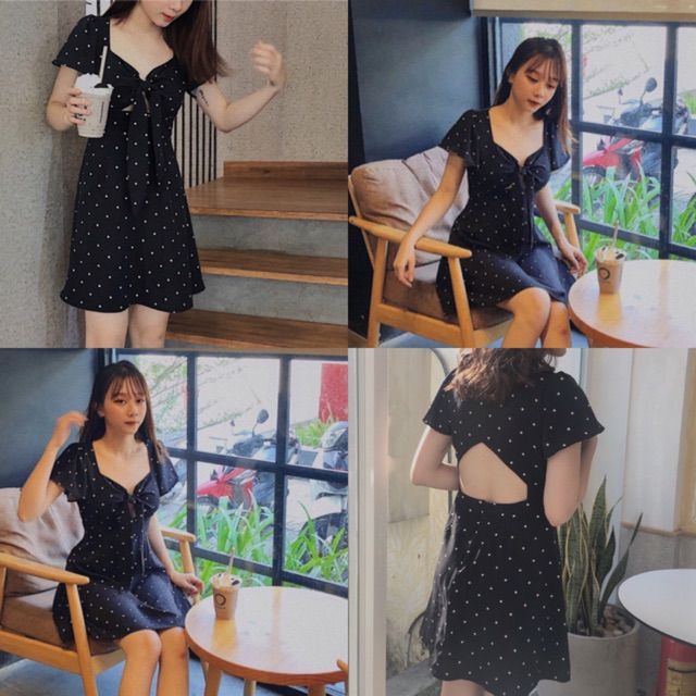 ĐẦM ELIO DRESS - ĐẦM HỞ LƯNG CHẤM BI TRẮNG ĐEN SIÊU XINH