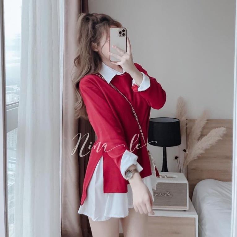 Set áo chân váy VAYO combo áo sơ mi trắng gile len đỏ và chân váy xếp ly thời trang nữ đẹp | BigBuy360 - bigbuy360.vn