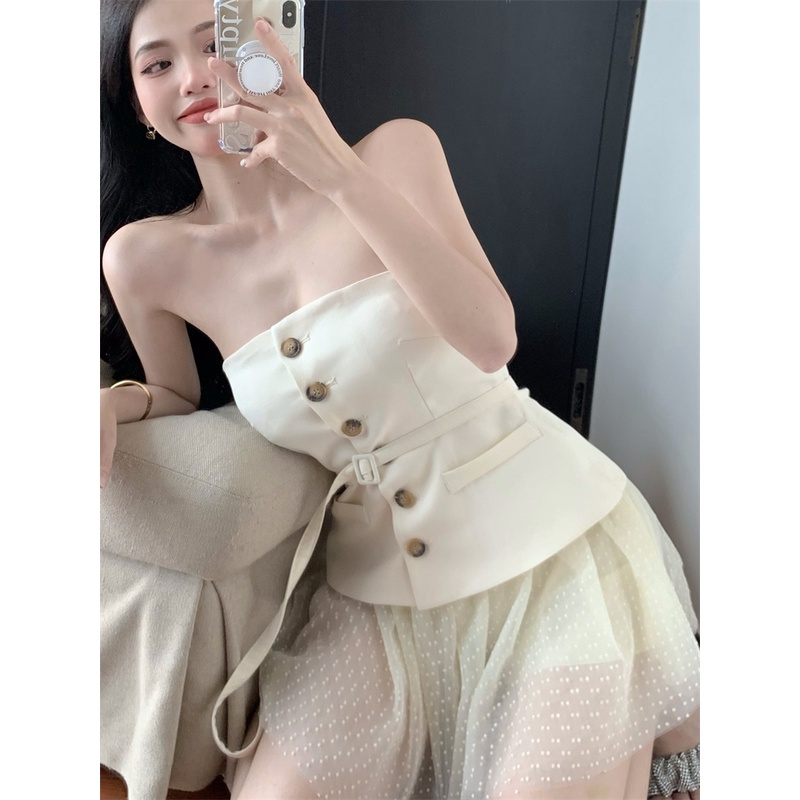 Cocory vn Set Áo Ống + Chân Váy Lưới Lưng Cao Thời Trang Quyến Rũ Cho Nữ