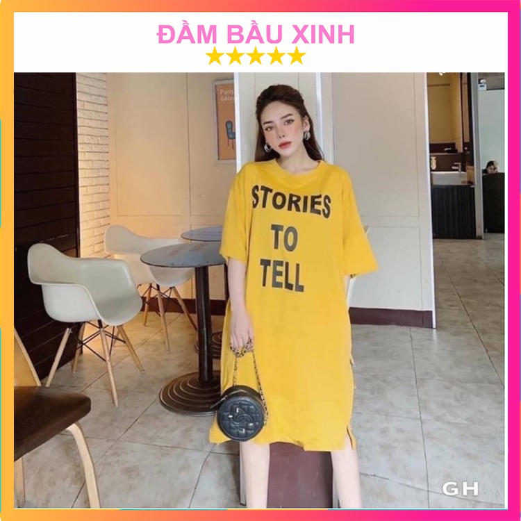 Đầm Bầu Suông Váy Dáng Dài Nữ Họa Tiết Chữ STORIE Chất Thun Hàng VNXK Cao Cấp