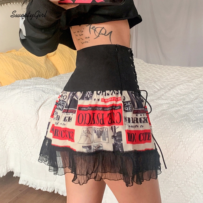 Chân Váy Mini Lưng Cao Phối Dây Rút Viền Ren 2022 Thời Trang Cho Nữ