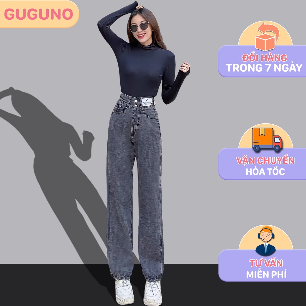Quần jean nữ ống rộng suông jeans cạp cao GUGUNO phong cách ulzzang