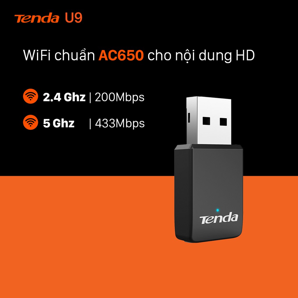 Tenda USB kết nối Wifi U9 chuẩn AC tốc độ 650Mbps - Hãng phân phối chính thức