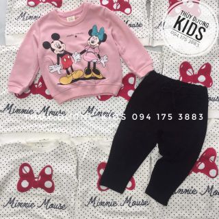 Bộ nỉ dày Zara Minnie chấm bi và mickey nắm tay màu hồng xuất dư cho bé gái