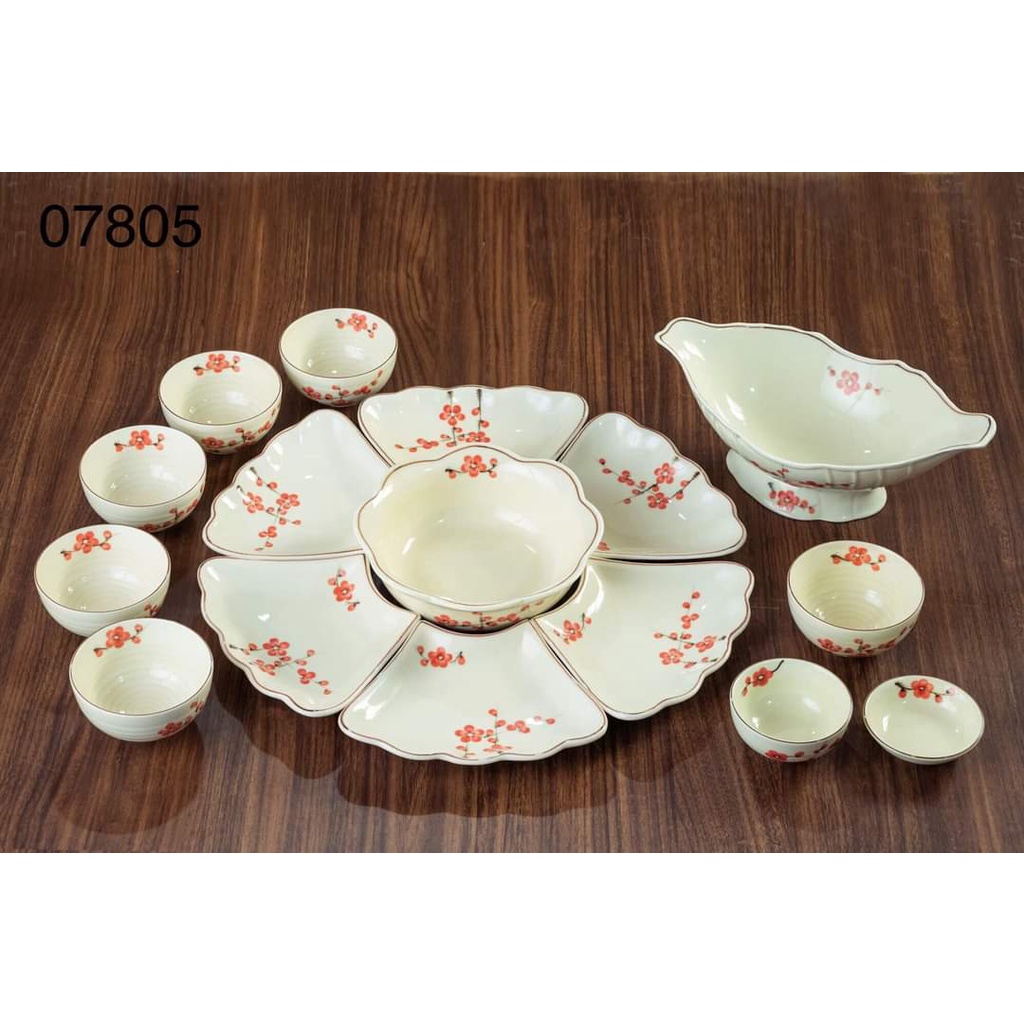 Bộ bát đĩa hoa mặt trời bày cơm cúng hoa đào đỏ men kem size 45 cm