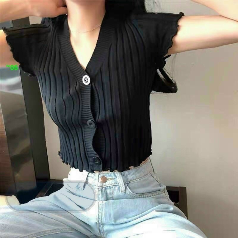 Áo croptop nữ tay ngắn cài nút, Áo croptop kiểu Hàn Quốc vải co dãn ôm dáng SUNA FASHION từ 42 - 56kg
