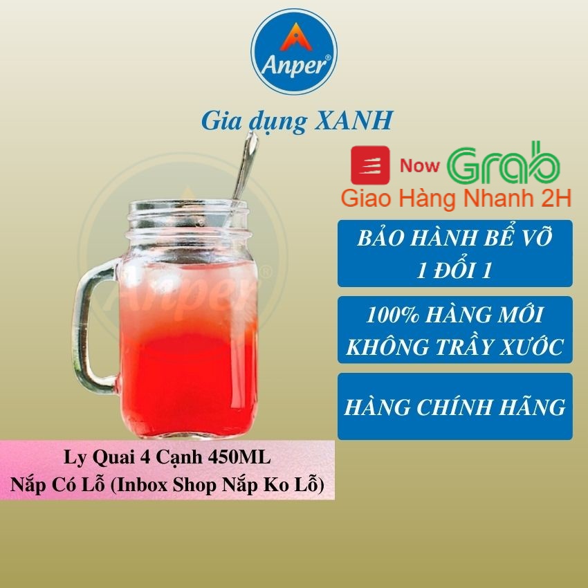 Ly Cốc Thủy Tinh Anper 450ml Cao Cấp Sang Trọng, 4 Cạnh Dễ Thương Có Quai, Có Nắp, Dùng Quán nước uống Cà phê, Sinh tố.