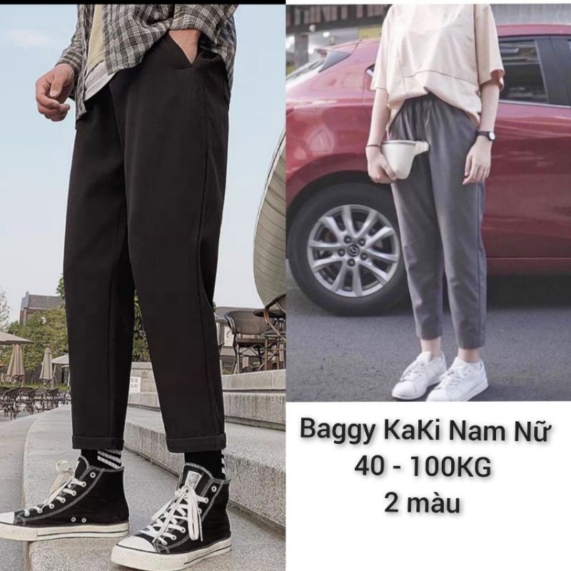 ♨40-100kg Quần Baggy Nam Nữ KAKI Ống Suông Unisex - Kiểu thun vải đen và xám bigsize