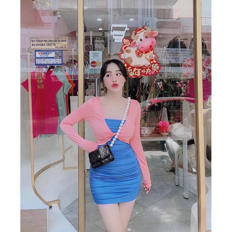 Sét đầm body hai dây+ áo khoác lửng