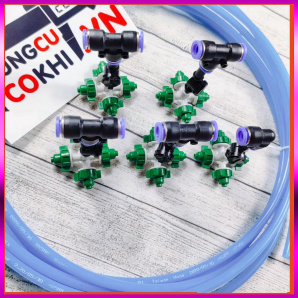 10m dây + 5 Béc phun sương 4 tia, có chống nhỏ giọt, nối nhanh ống 8mm dùng tưới cây, tưới lan
