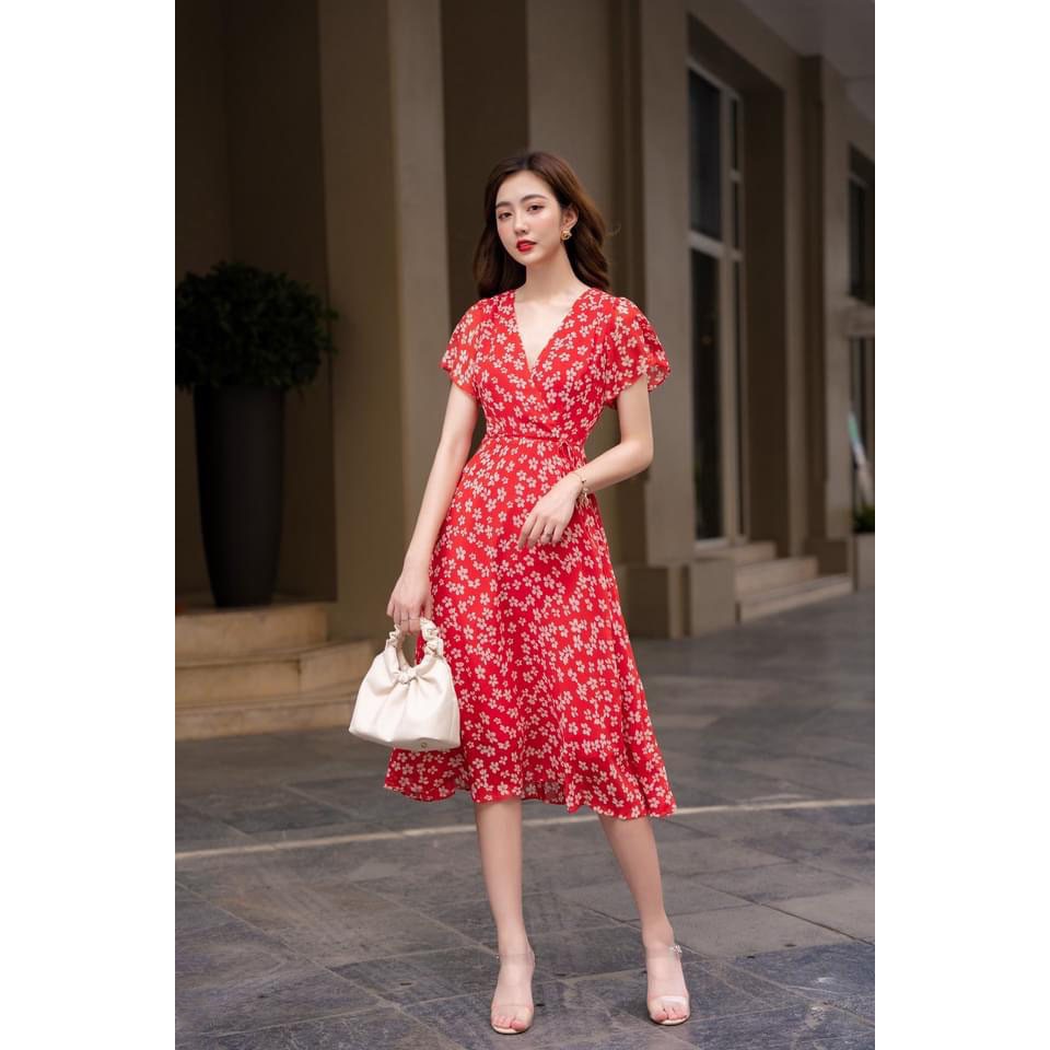Đầm du lịch, đi biển họa tiết hoa buộc eo màu đỏ đủ 4 size e-1231