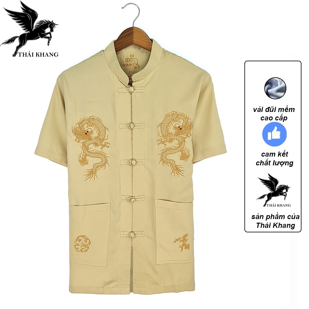 Áo sơ mi cổ trụ trung niên nam vải Đũi mịn thiêu rồng cao cấp loại áo sơ mi trung niên form rộng thoải mái OG4