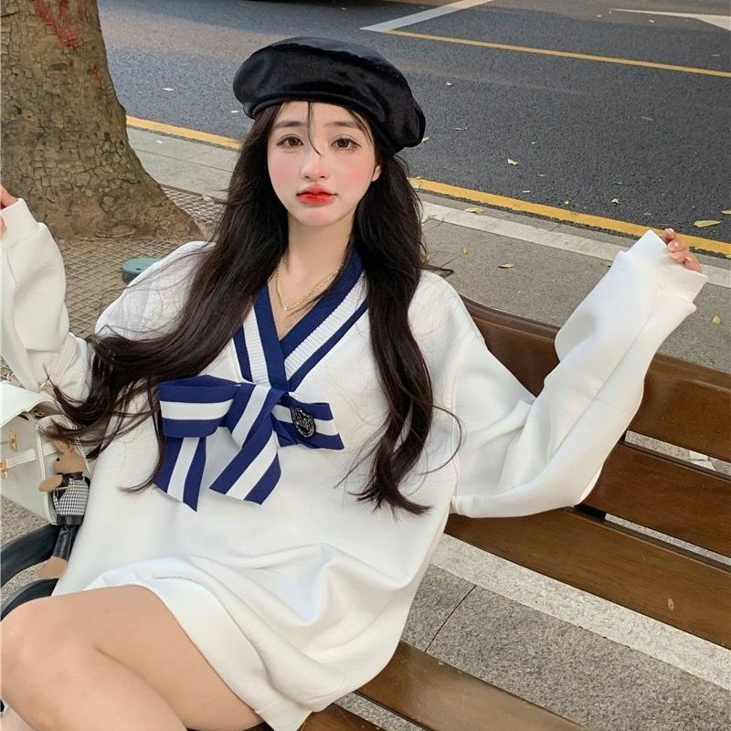 COZOK Áo sweater dáng rộng đính nơ kiểu Hàn Quốc dễ thương