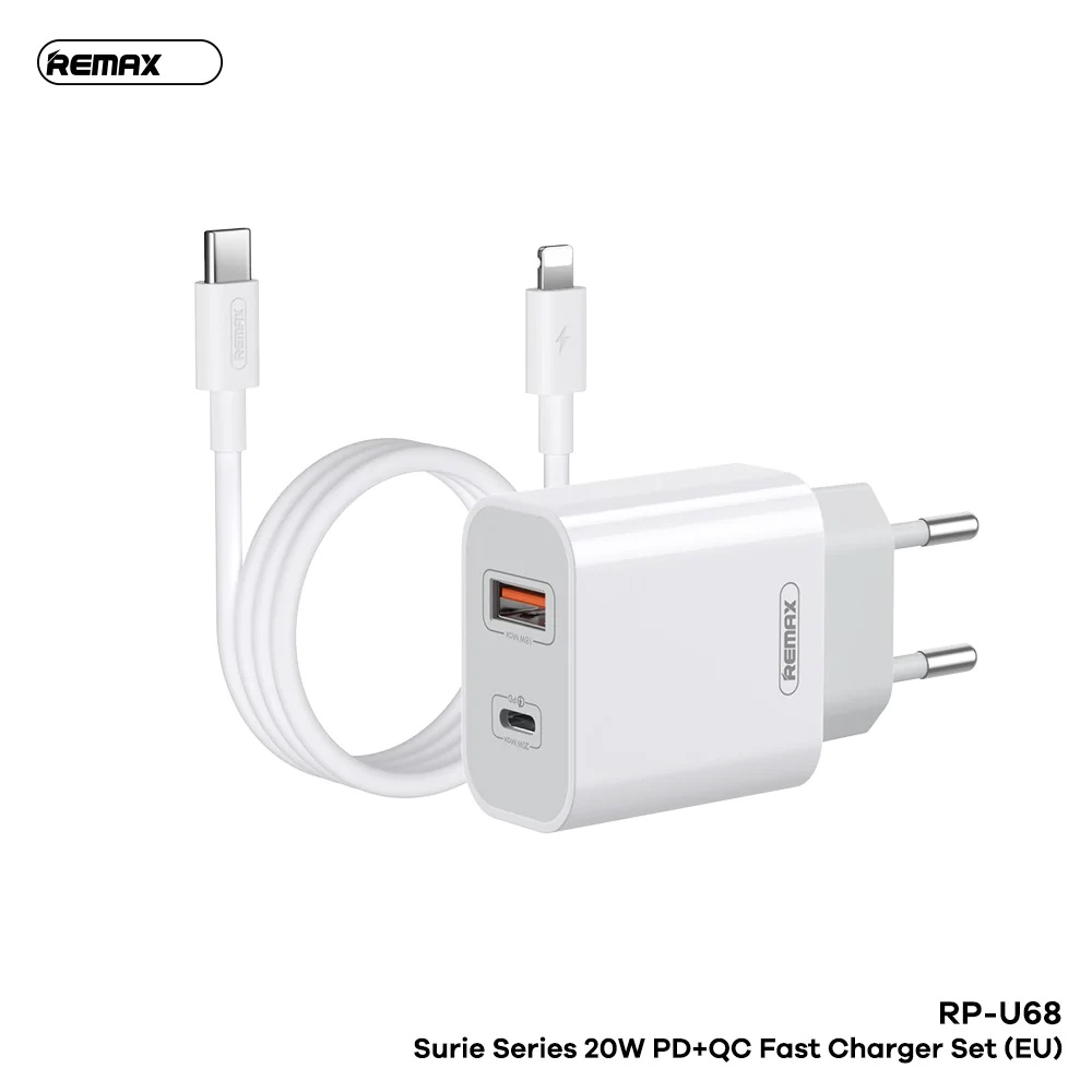 Củ Sạc Nhanh 20w Của Remax RP-U68 với 2 cổng sạc typec và usb công nghệ sạc nhanh 20w giúp không chai pin Chính Hãng