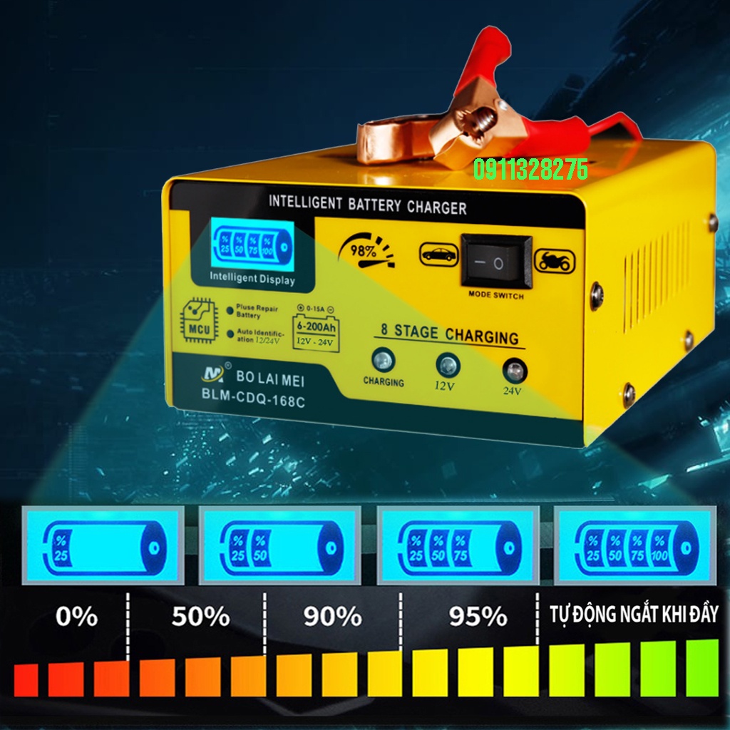 Sạc ắc quy 12V - 24V, 3AH - 200AH. Sạc bình xe máy, ô tô, xe tải thông minh. Sẽ tự động ngắt khi sạc đầy