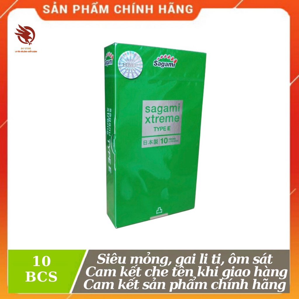 [ CHÍNH HÃNG ] - Bao cao su Sagami Xtreme Type E Green, siêu mỏng, có gân gai giúp thăng hoa cảm xúc - hộp 10 cái