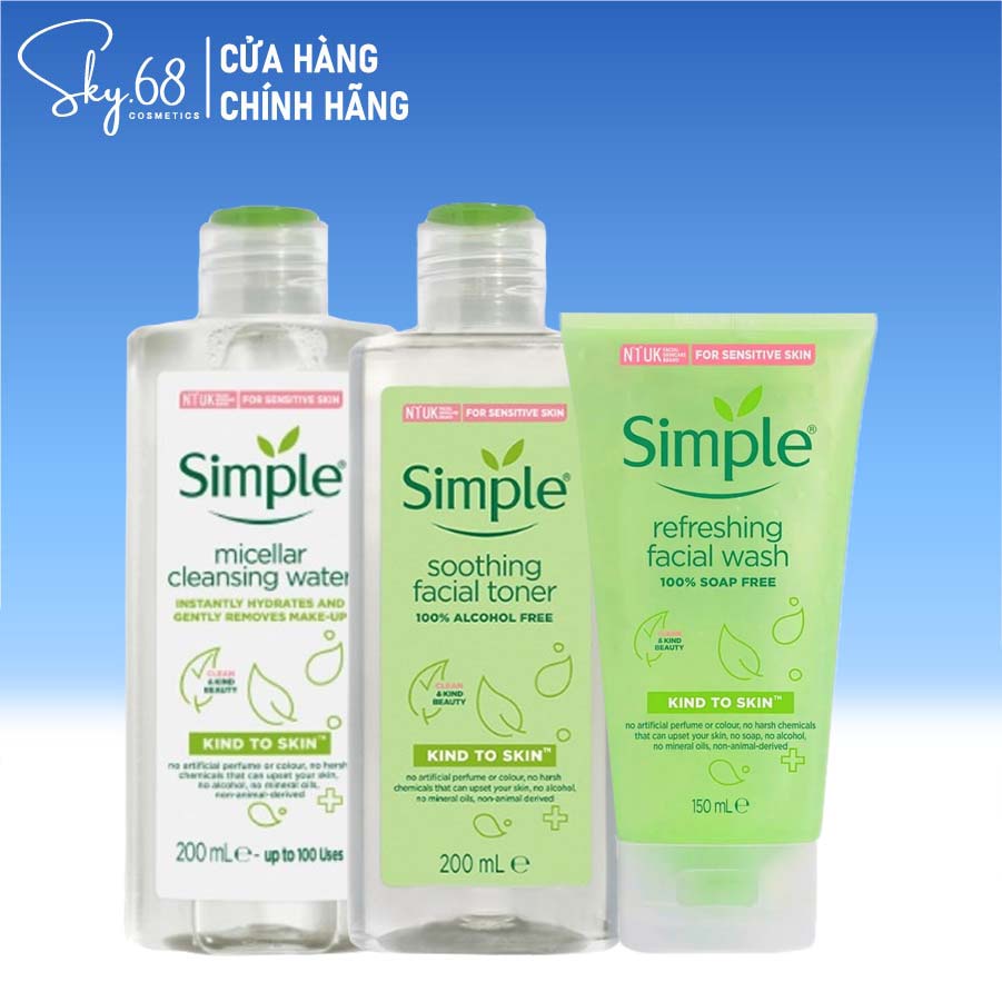 Bộ 3 Sản Phẩm Giúp Da Sạch Sâu Dưỡng Ẩm Cho Da SIMPLE Kind To Skin (Tẩy trang 200ml + SRM 150ml + Toner 200ml)